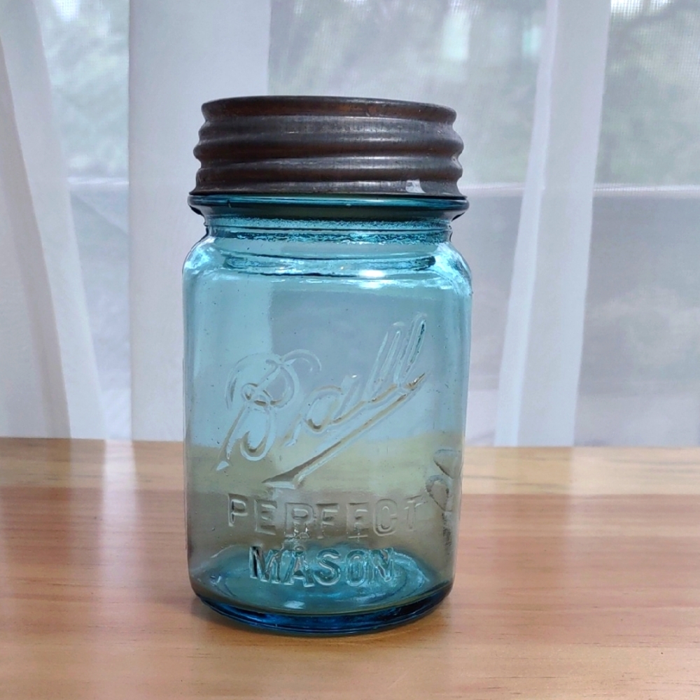 Antique Blue Ball Jar, Dropped A, Pint Sized, With Zinc Lid.